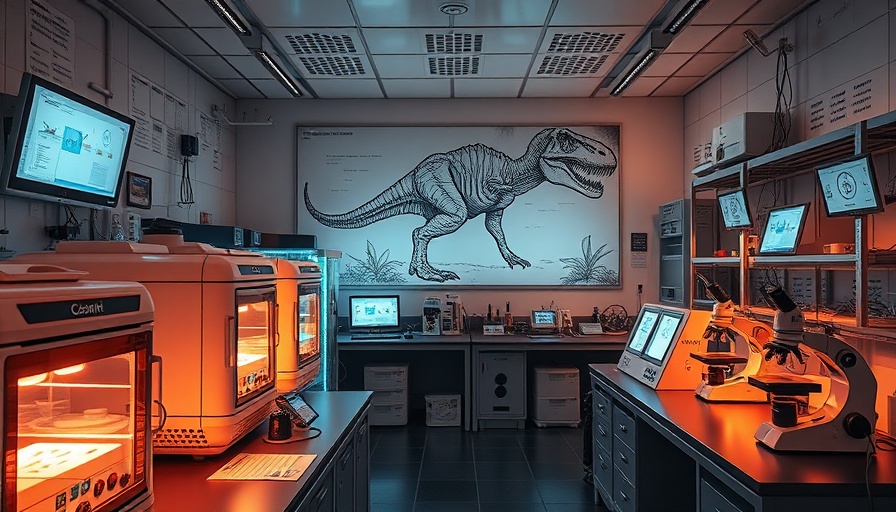 Futuristic lab setup with dinosaur sketches and scientific equipment.