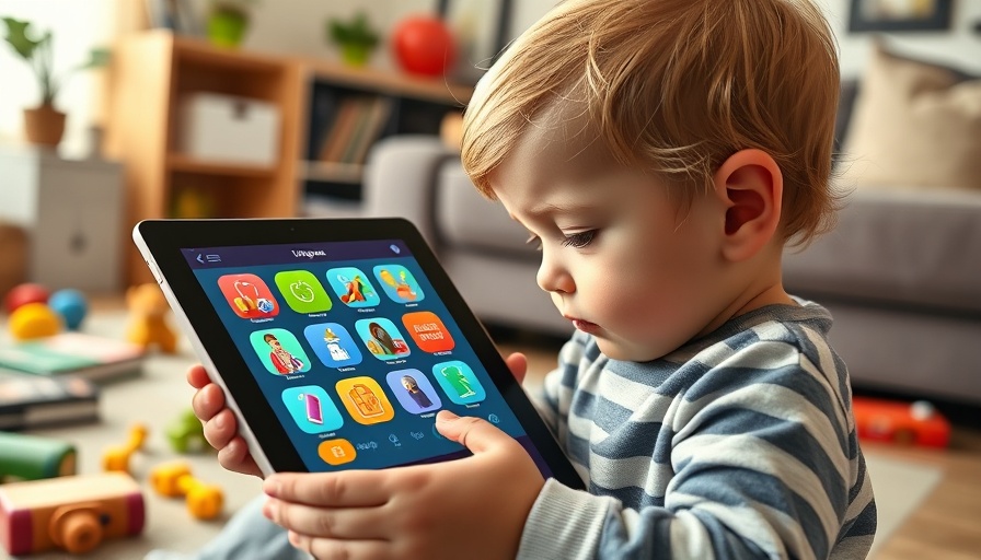 Curious toddler using a tablet for language development in bright room.