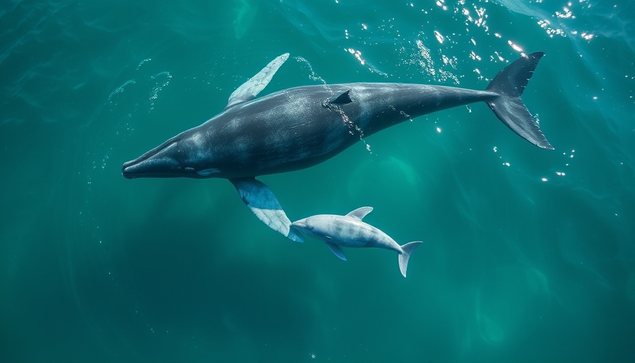 Aerial view of mother whale and calf in turquoise ocean, highlighting nutrient transport.