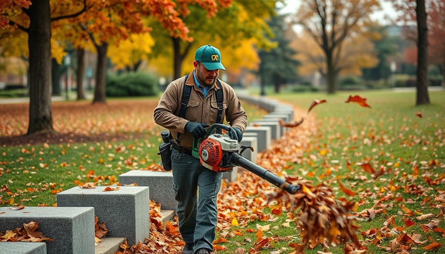 Gas-powered leaf blower ban in Cambridge context: worker in park.