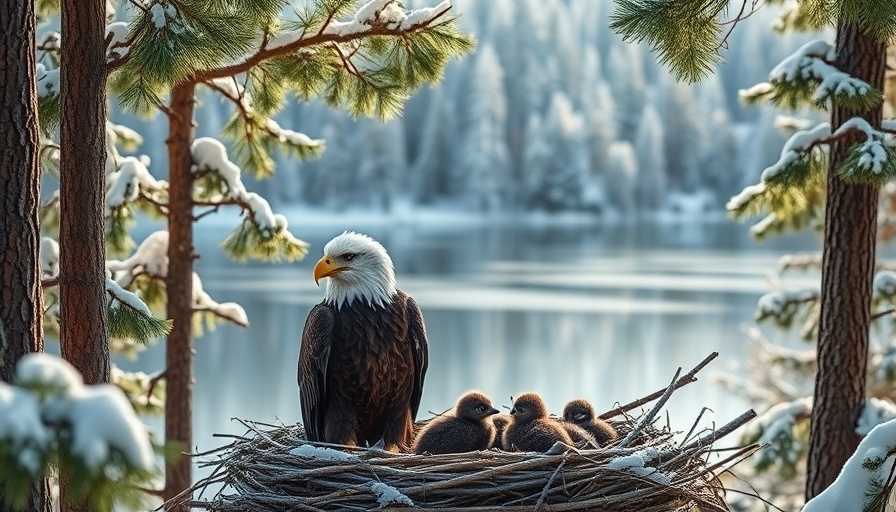 Bald eagle with eaglets in Big Bear nest amid snowy forest.