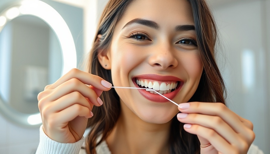 Flossing lowers risk of heart disease; woman flossing in bright bathroom setting.