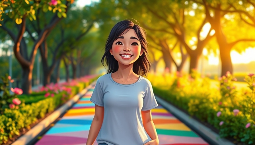 Joyful young woman walking along a vibrant path, connecting with her higher self.