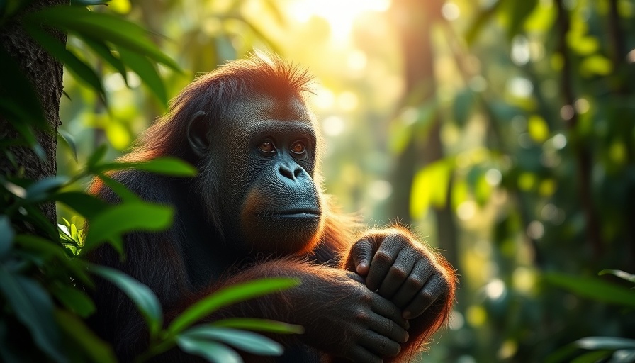 Close-up of orangutan in forest highlights relocation impact.