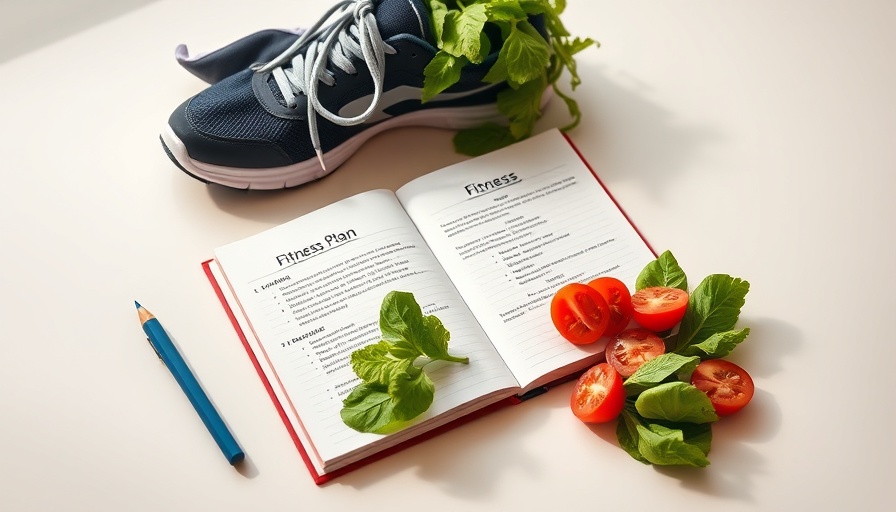 Forming lasting health habits with open notebook, salad, sneakers.