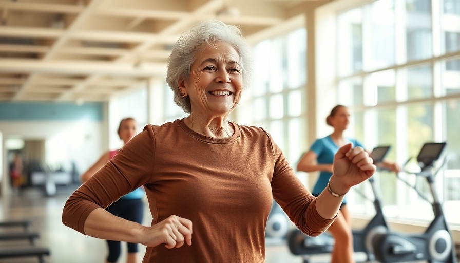 Elderly woman doing aerobic exercise in a gym; boosts cognitive health.
