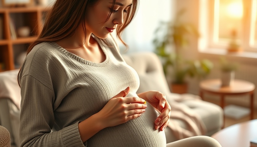 Pregnant woman considering vitamin D for preterm birth risk, sitting on sofa.