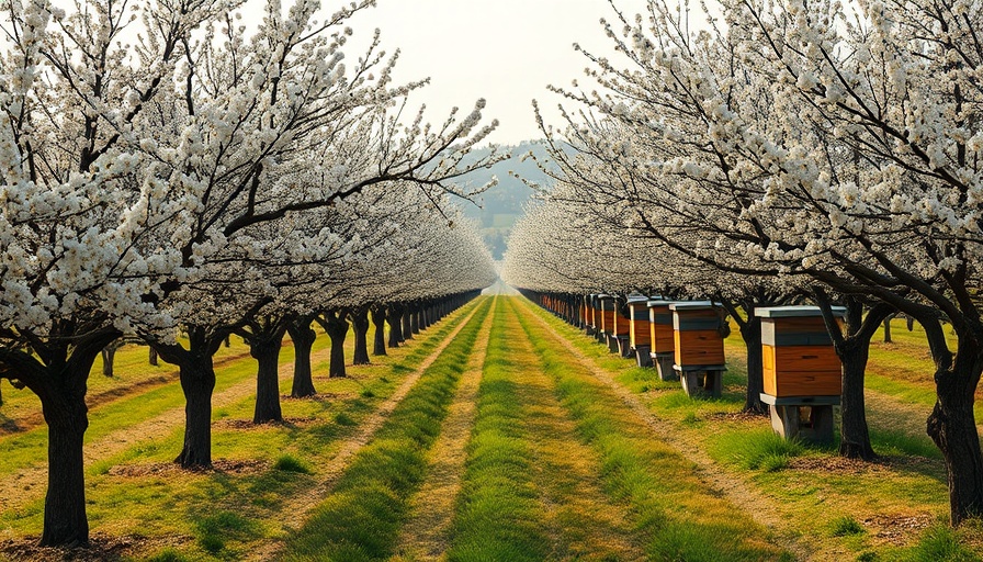 Wooden beehives among almond blossoms in orchard, representing honeybee deaths in the US.