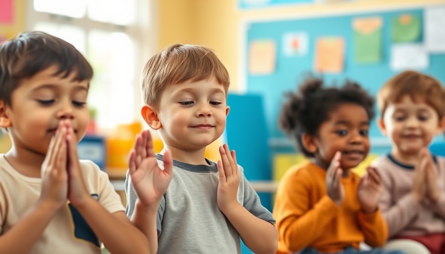 Children practicing Calming Hands mindfulness in a bright classroom.