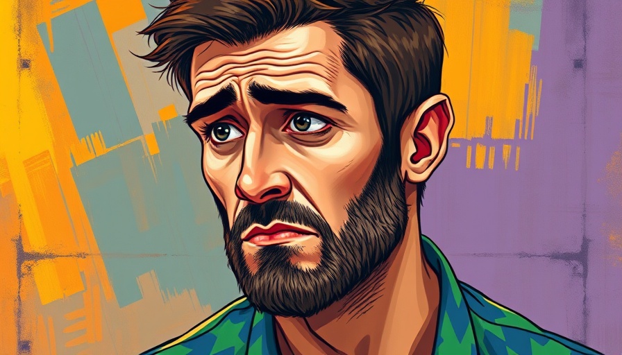 Painting of a concerned man against a colorful abstract background.