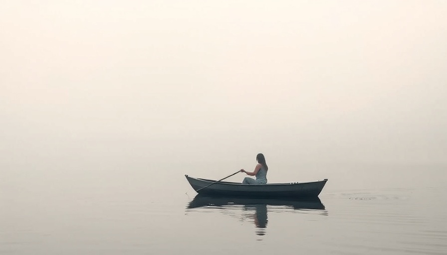 Mindfulness solitude: woman rowing on foggy lake