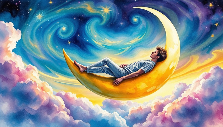 Vivid watercolor art of a person on a crescent moon, colorful scene.