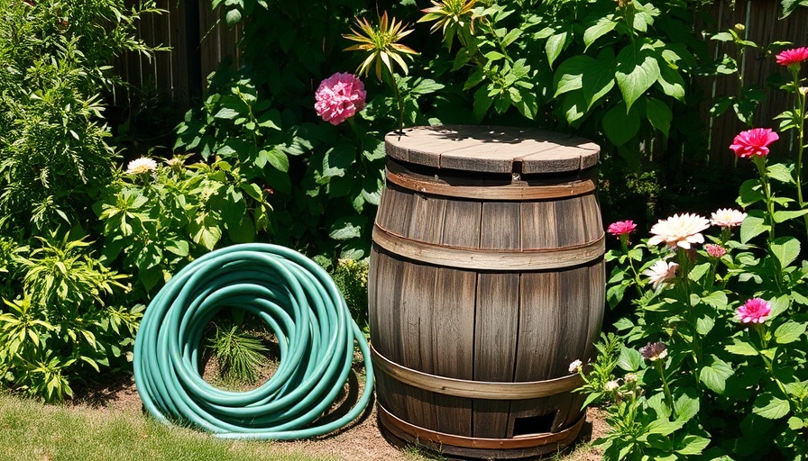 Rustic rain barrel in garden for keeping mosquitoes out.