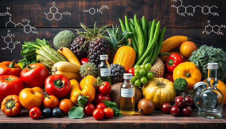 Illustration of harmful chemicals in our food supply with fresh produce.