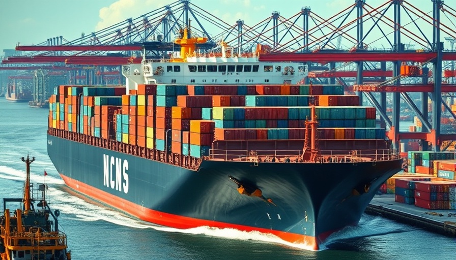 Container ship at port highlighting global shipping agreement greenhouse gas emissions.