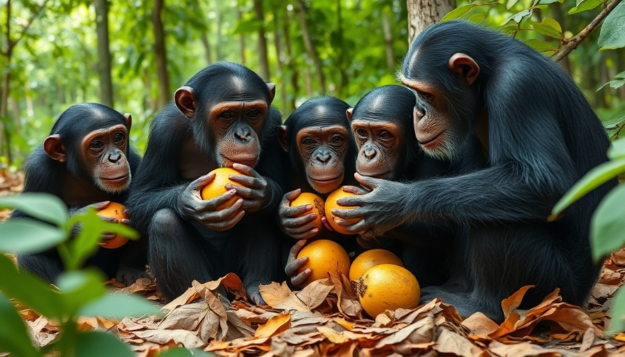 Chimpanzees consuming fermented fruits amid forest vegetation.