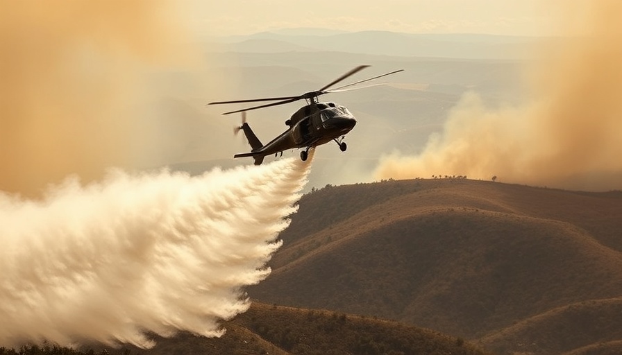 Helicopter firefighting UK wildfires 2025, smoke over hills.