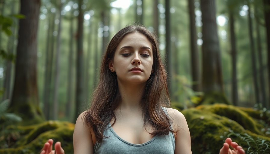 Young woman meditating in a forest practicing mindfulness.