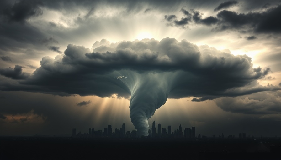 Dramatic tornado silhouette over city, highlighting 2025 climate disaster costs.