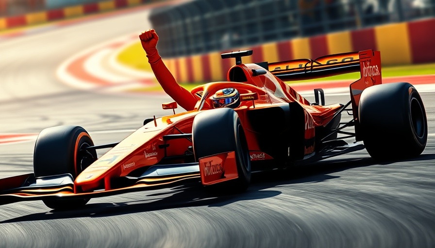 Formula 1 car and driver celebrating, embracing net-zero carbon goal.