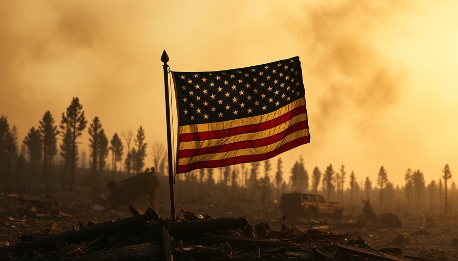 American flag amidst fire destruction, cancel environmental justice grants.