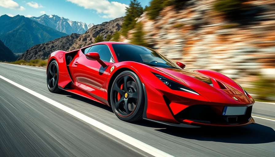 Sleek red sports car parked roadside, mountain view, best-sounding cars.