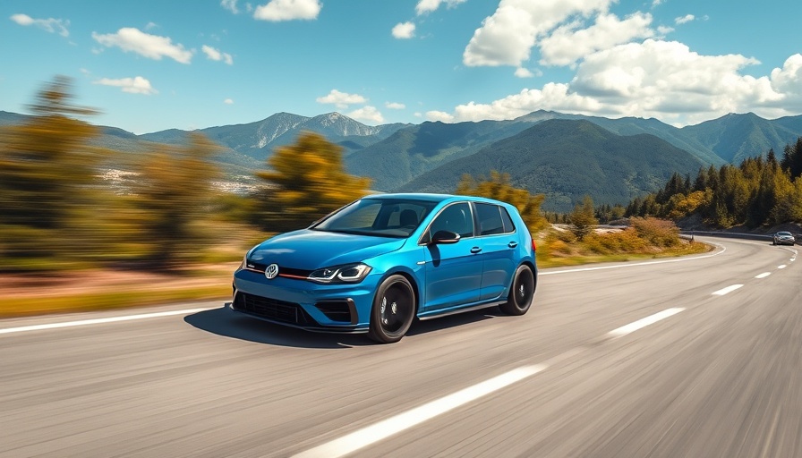 2025 VW Golf R speeding on a scenic road.