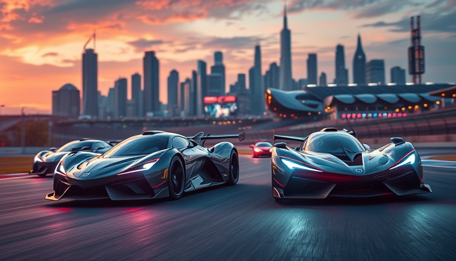 Futuristic race cars at Miami Grand Prix 2041 with vibrant lights.