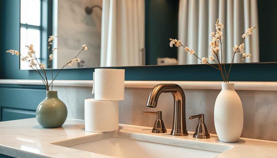 Bamboo toilet paper on marble counter with modern faucet.
