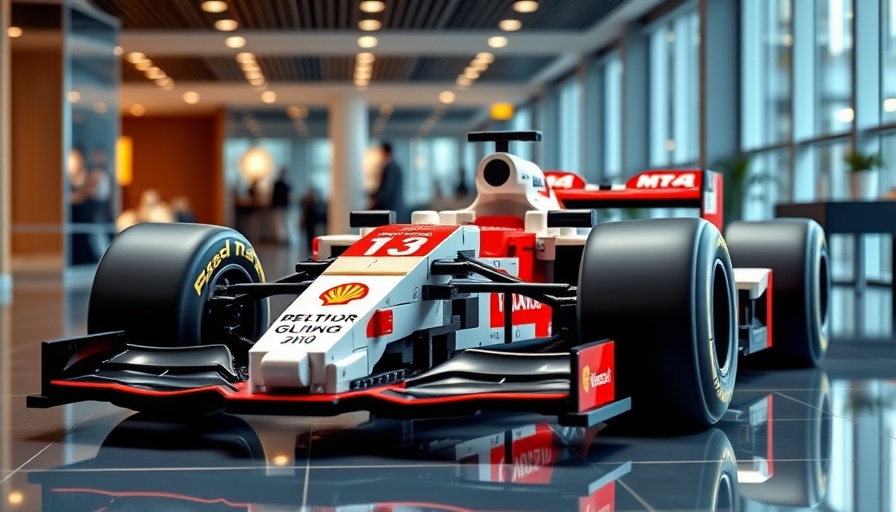 Lego full-size Formula 1 car in modern setting.
