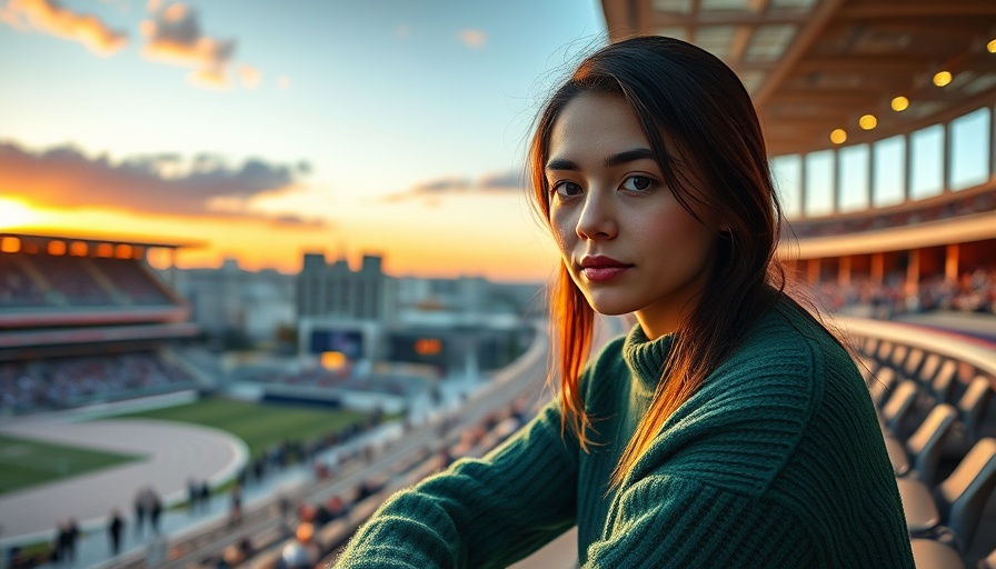 Woman at NASCAR event enjoying sunset view of stadium.