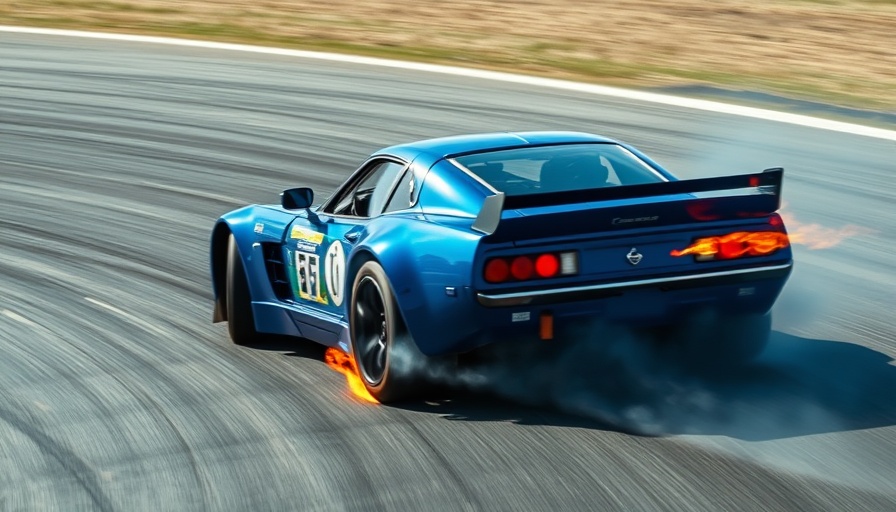 Race car skidding with flames, depicting high-speed action.