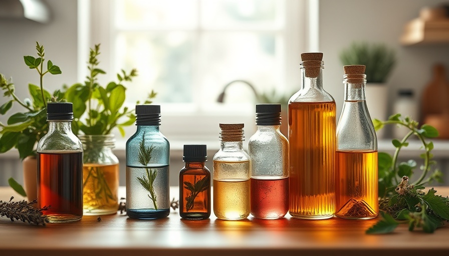 Essential oils and herbs for heart health on a sunlit counter.