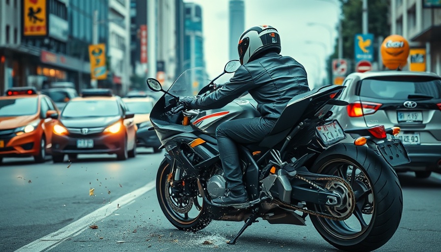 Motorcycle crash safety in urban street with protective gear.