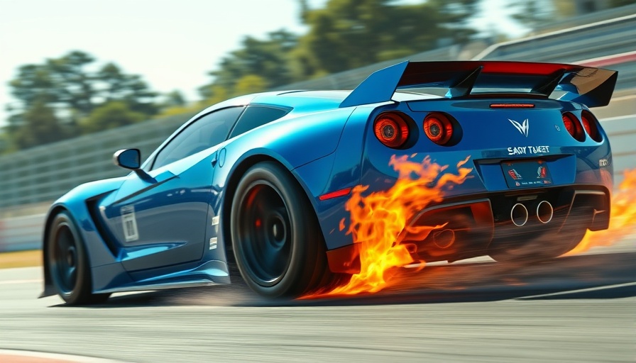 High-speed blue racing car fire incident on track.
