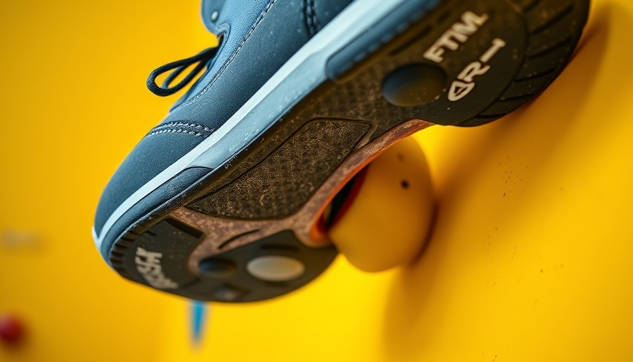 Climbing shoe gripping yellow hold on indoor wall.
