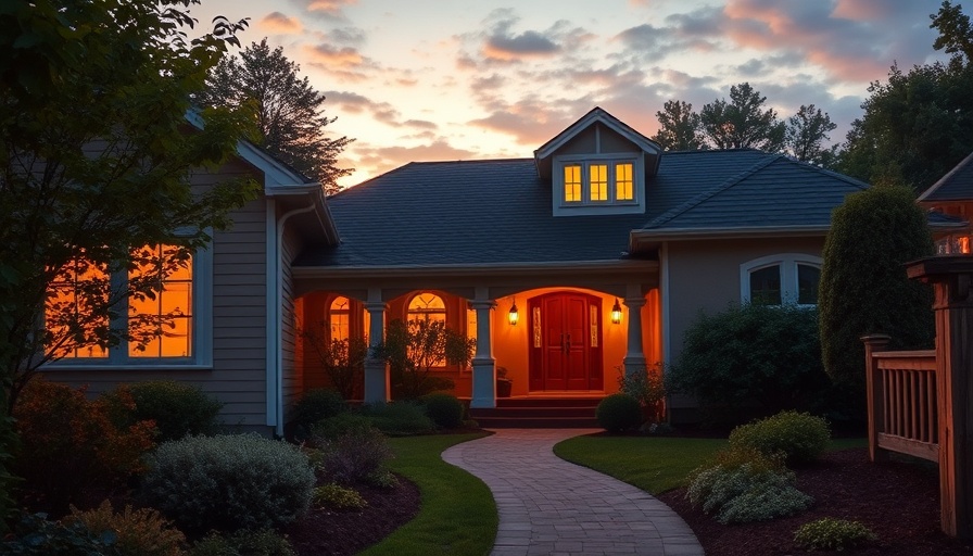 Beautifully landscaped front yard with glowing windows and lush greenery.