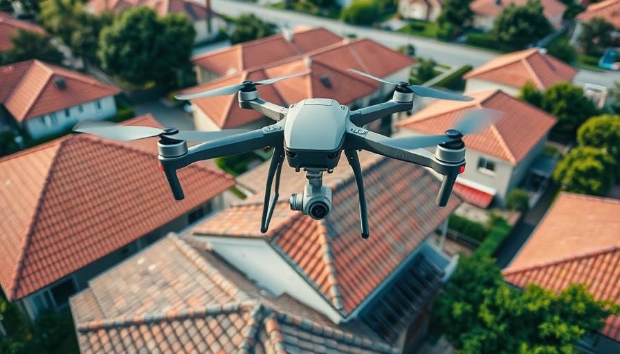 AI drone conducting digital roofing inspection over red-tiled house.