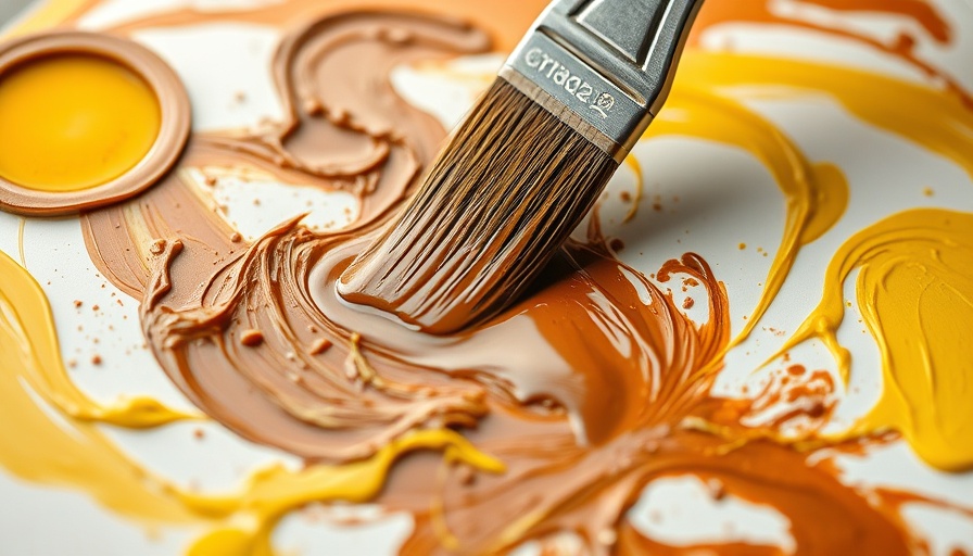 Mixing brown paint on a palette with palette knife.