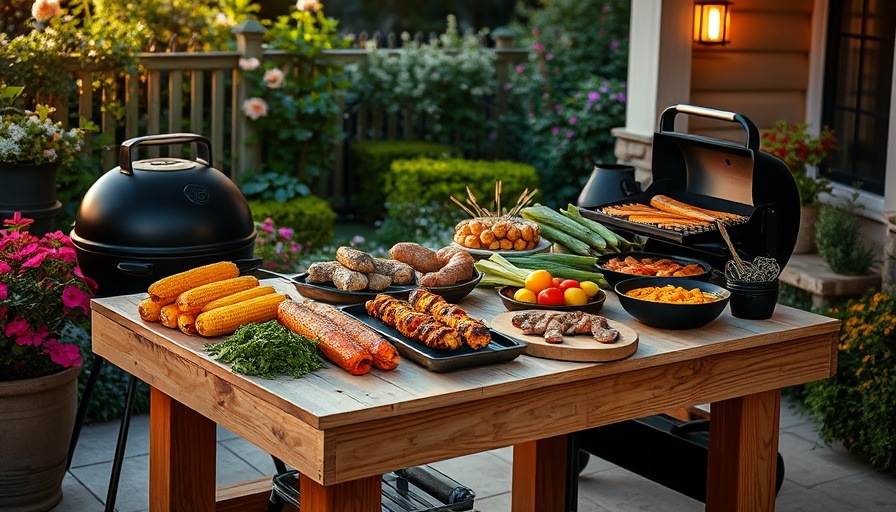 DIY grill table with food in garden setting, twilight lighting.
