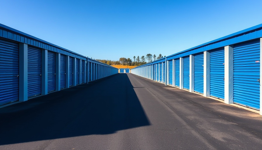 Long row of blue storage unit doors at a self-storage facility.