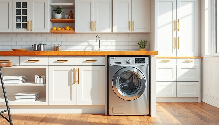 Modern kitchen featuring washing machine under counter with fruit.