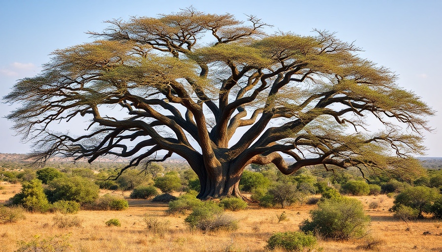 Cerrado biodiversity tree species with broad branches under a clear sky.