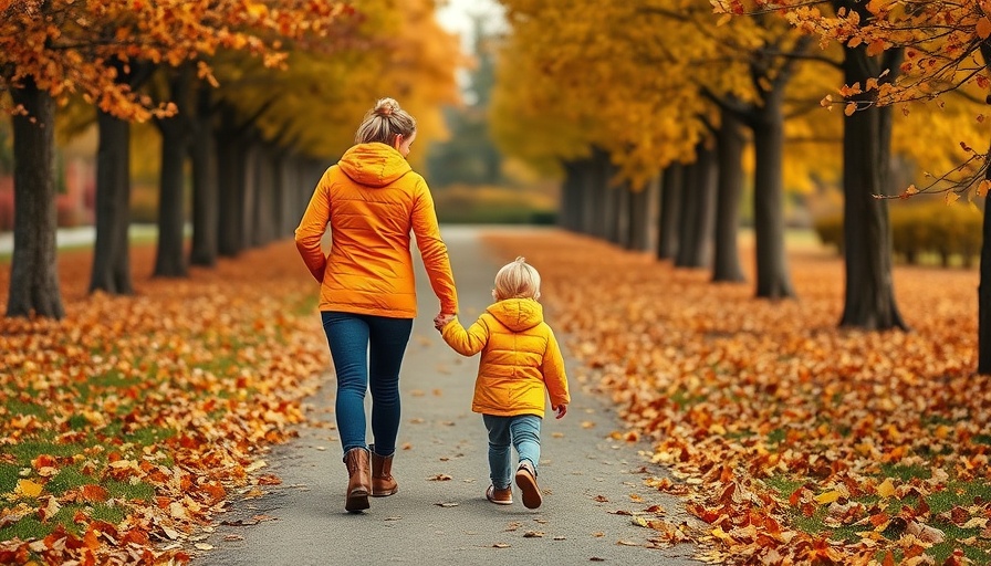 Mother and child walking hand in hand on an autumn path, representing reflections on motherhood and letting go.
