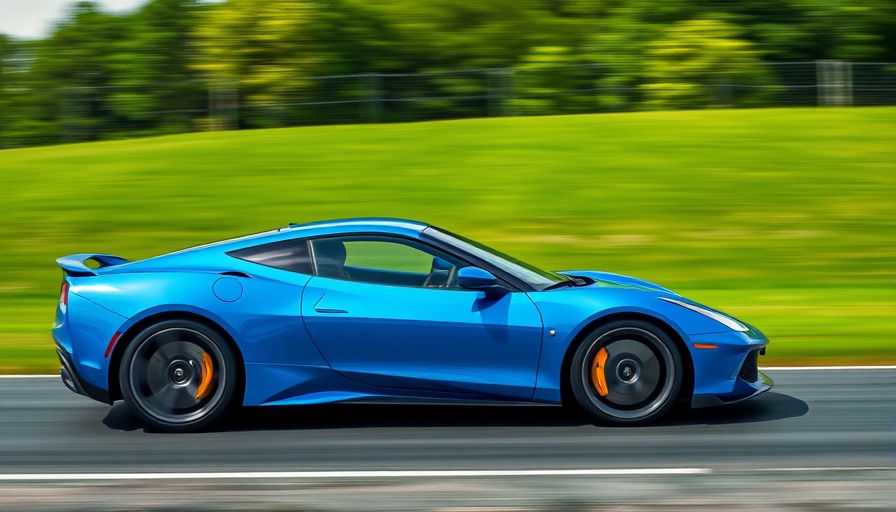 Photorealistic blue sports car racing at high speed, motion blur.