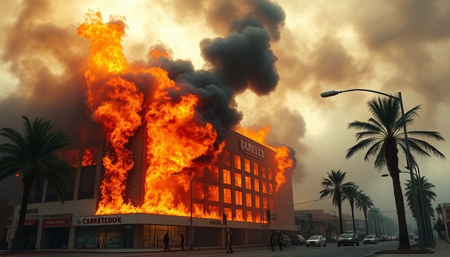 Dramatic building fire scene with firefighters battling flames; relates to NOAA stops tracking climate crisis disaster costs.