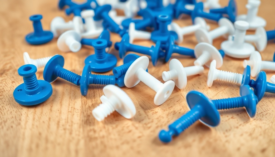 Various blue and white drywall anchors on wood surface, close-up