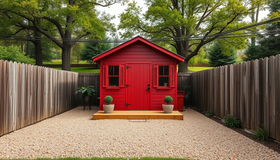 DIY pea gravel patio with shed and lush garden backdrop.