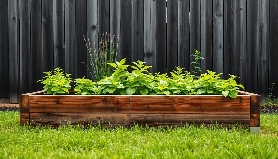 DIY raised garden bed plans in a backyard with wooden fence.