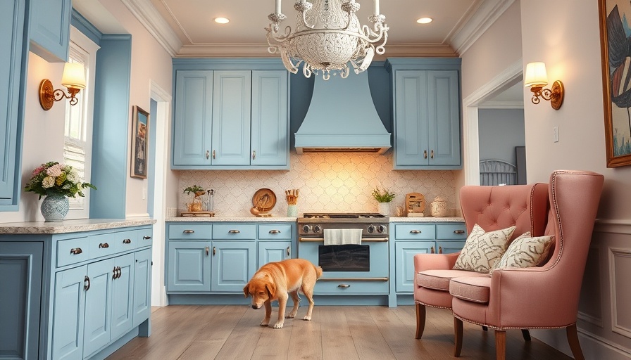 Charming kitchen corner with pastel decor and a golden retriever.